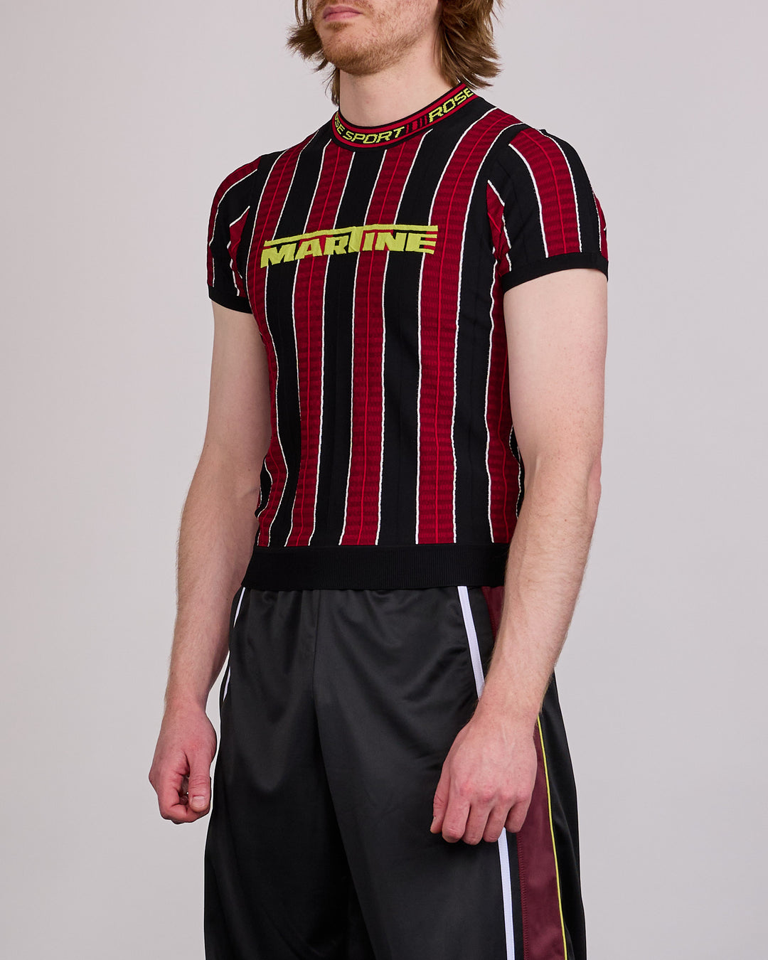 Martine Rose Logo Tight T-Shirt Red Black Stripe