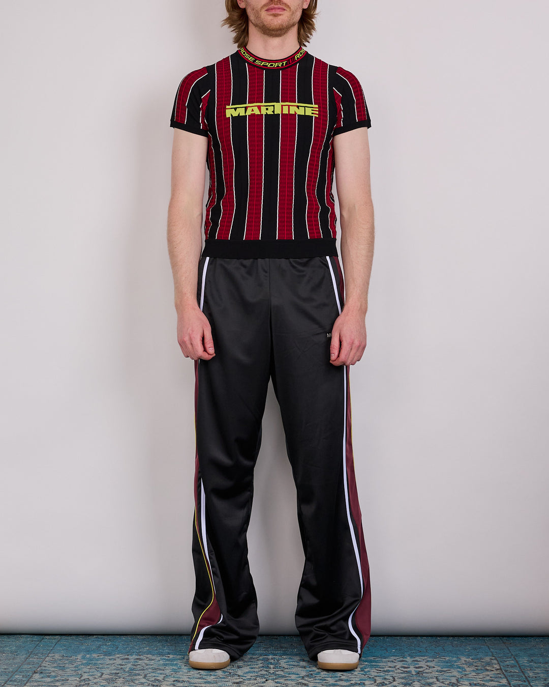 Martine Rose Logo Tight T-Shirt Red Black Stripe