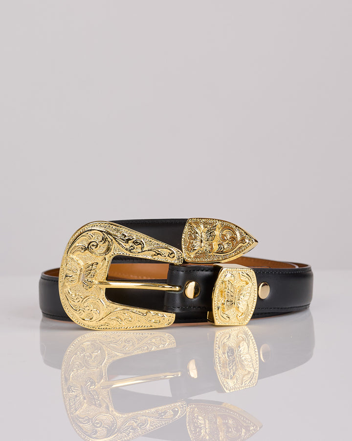 Needles Papillon Western Tip Steer Leather Belt Black