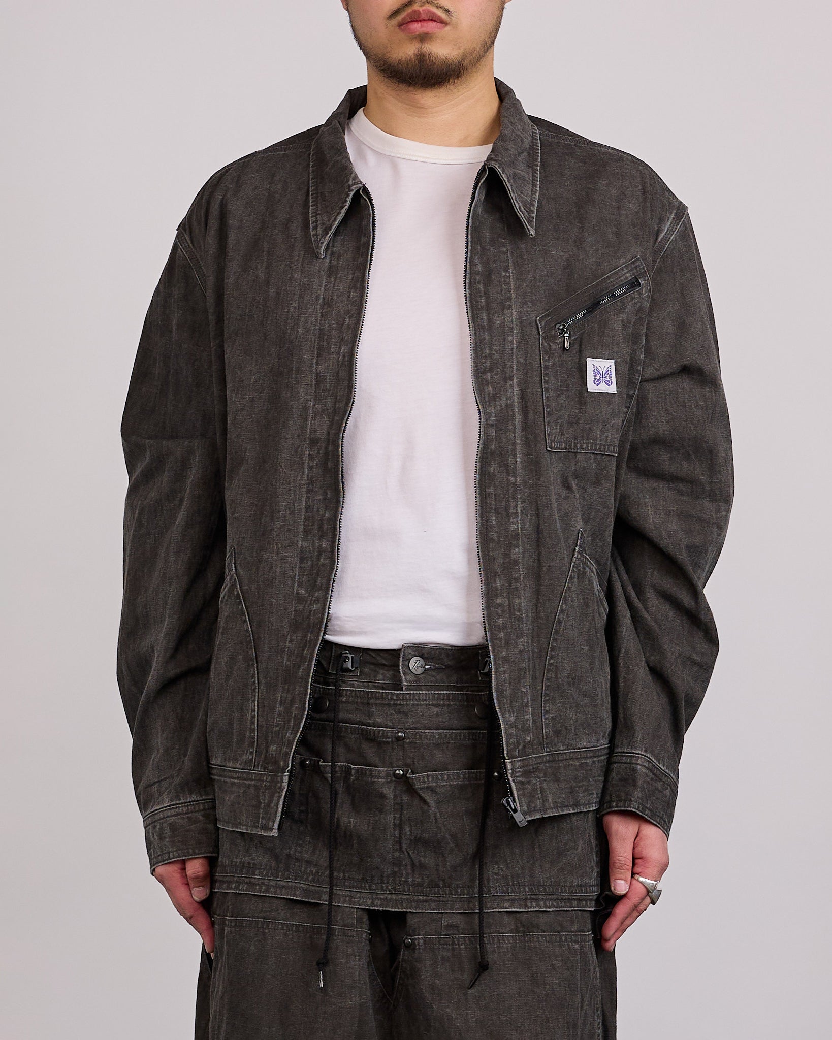 Needles Zipped Work Jacket Cotton-Linen Canvas Sumi Dye Black