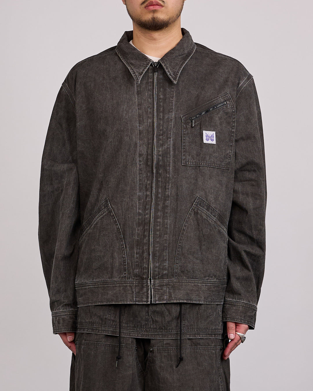 Needles Zipped Work Jacket Cotton-Linen Canvas Sumi Dye Black