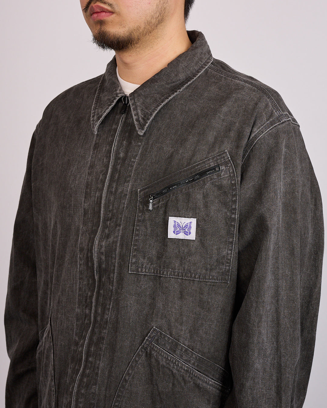 Needles Zipped Work Jacket Cotton-Linen Canvas Sumi Dye Black