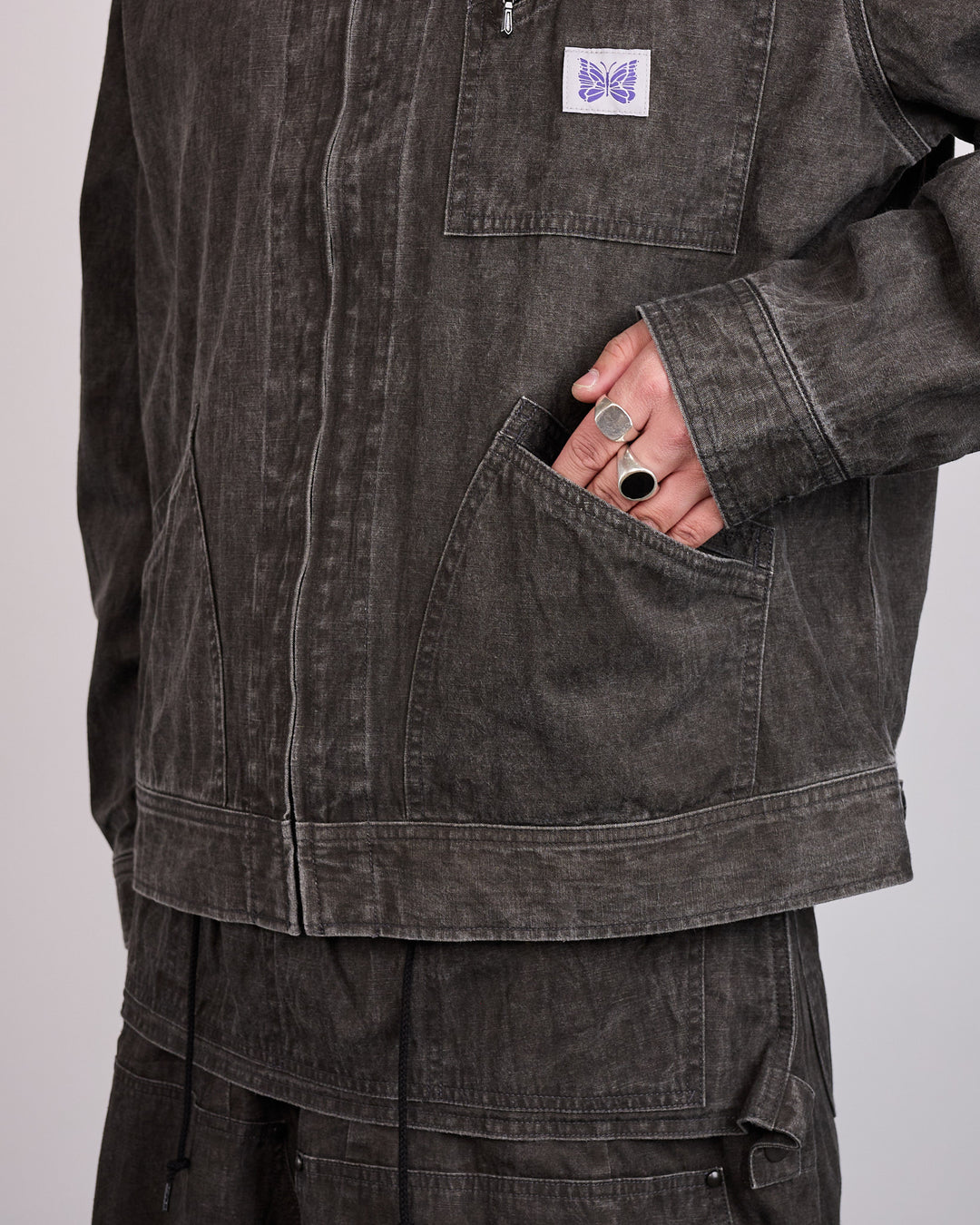 Needles Zipped Work Jacket Cotton-Linen Canvas Sumi Dye Black