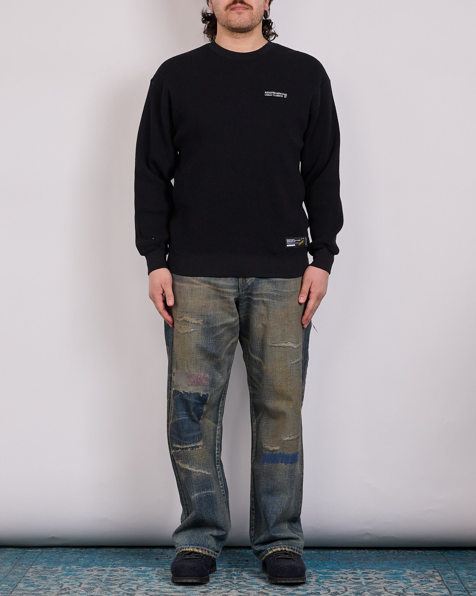 Neighborhood Waffle Fabric LS-1 Crewneck Black – LESS 17