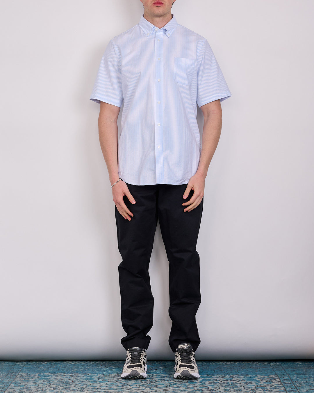 Reigning Champ Cotton Oxford Prep Standard Button Short Sleeve Shirt White-Blue