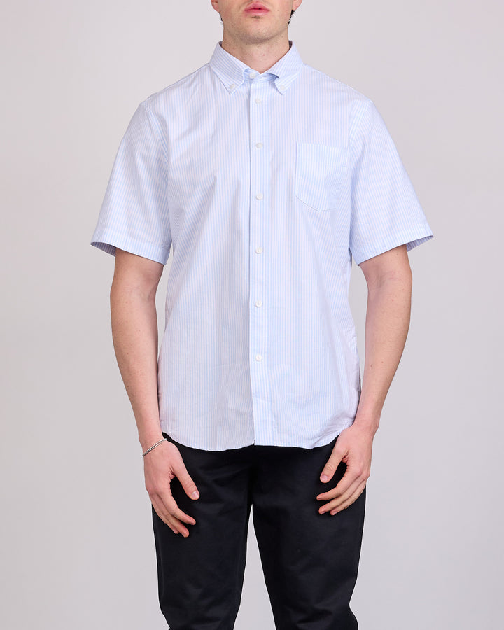 Reigning Champ Cotton Oxford Prep Standard Button Short Sleeve Shirt White-Blue