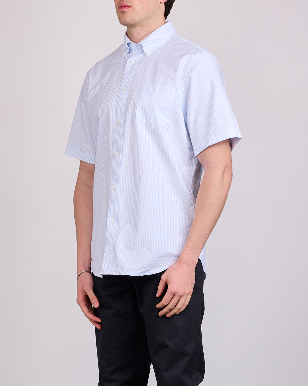 Reigning Champ Cotton Oxford Prep Standard Button Short Sleeve Shirt White-Blue