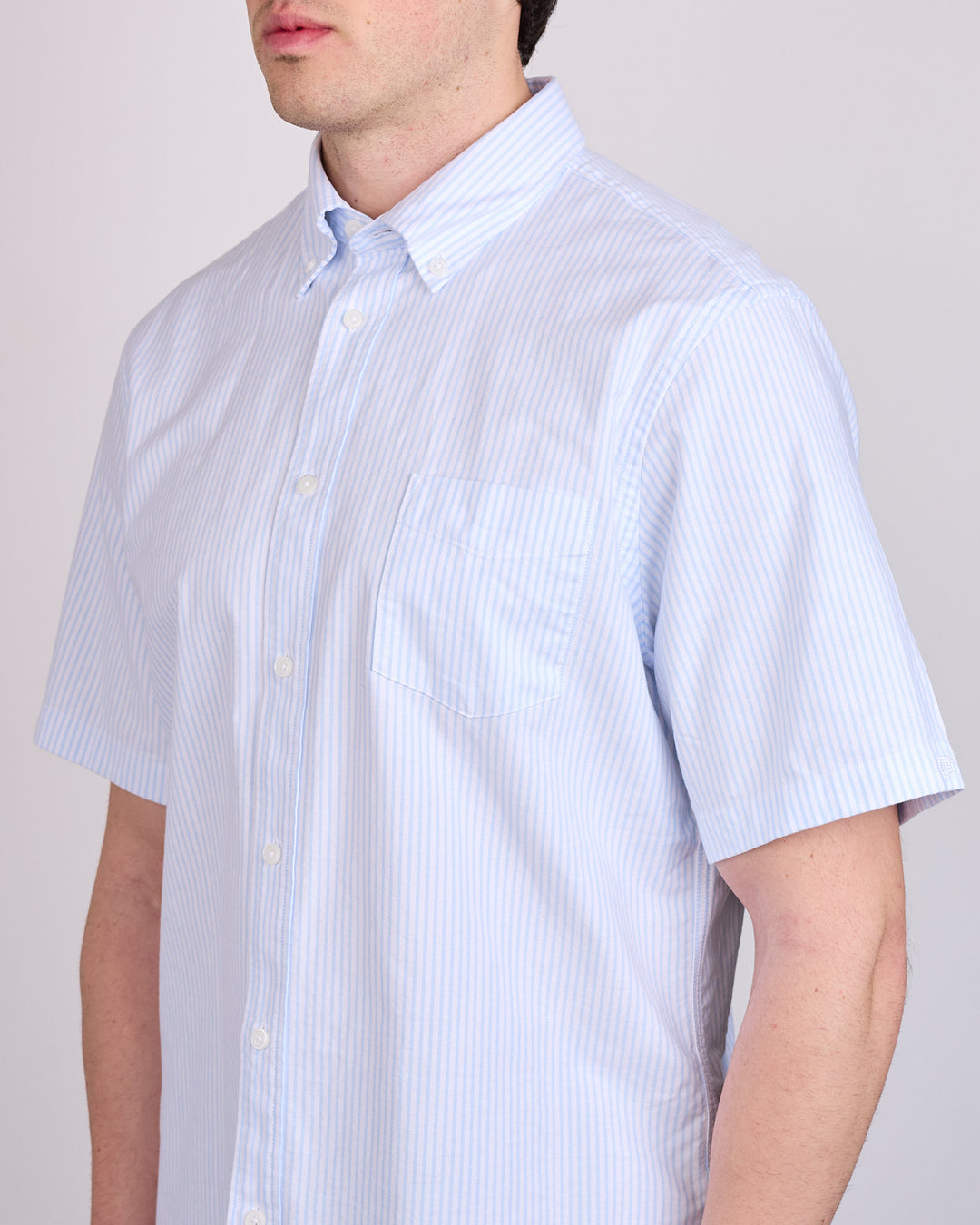 Reigning Champ Cotton Oxford Prep Standard Button Short Sleeve Shirt White-Blue