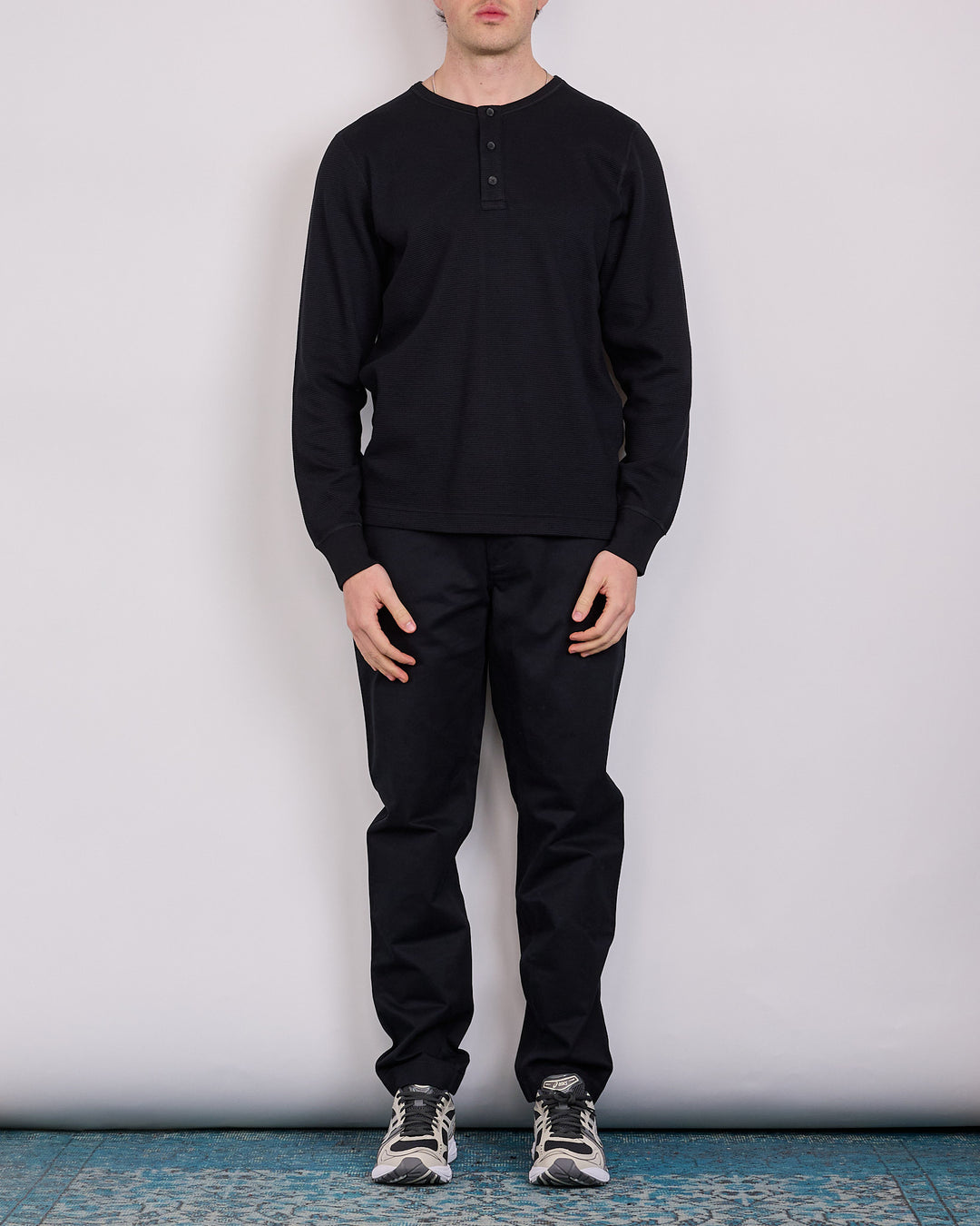 Reigning Champ Lightweight Waffle Standard Long Sleeve Henley Championship Black