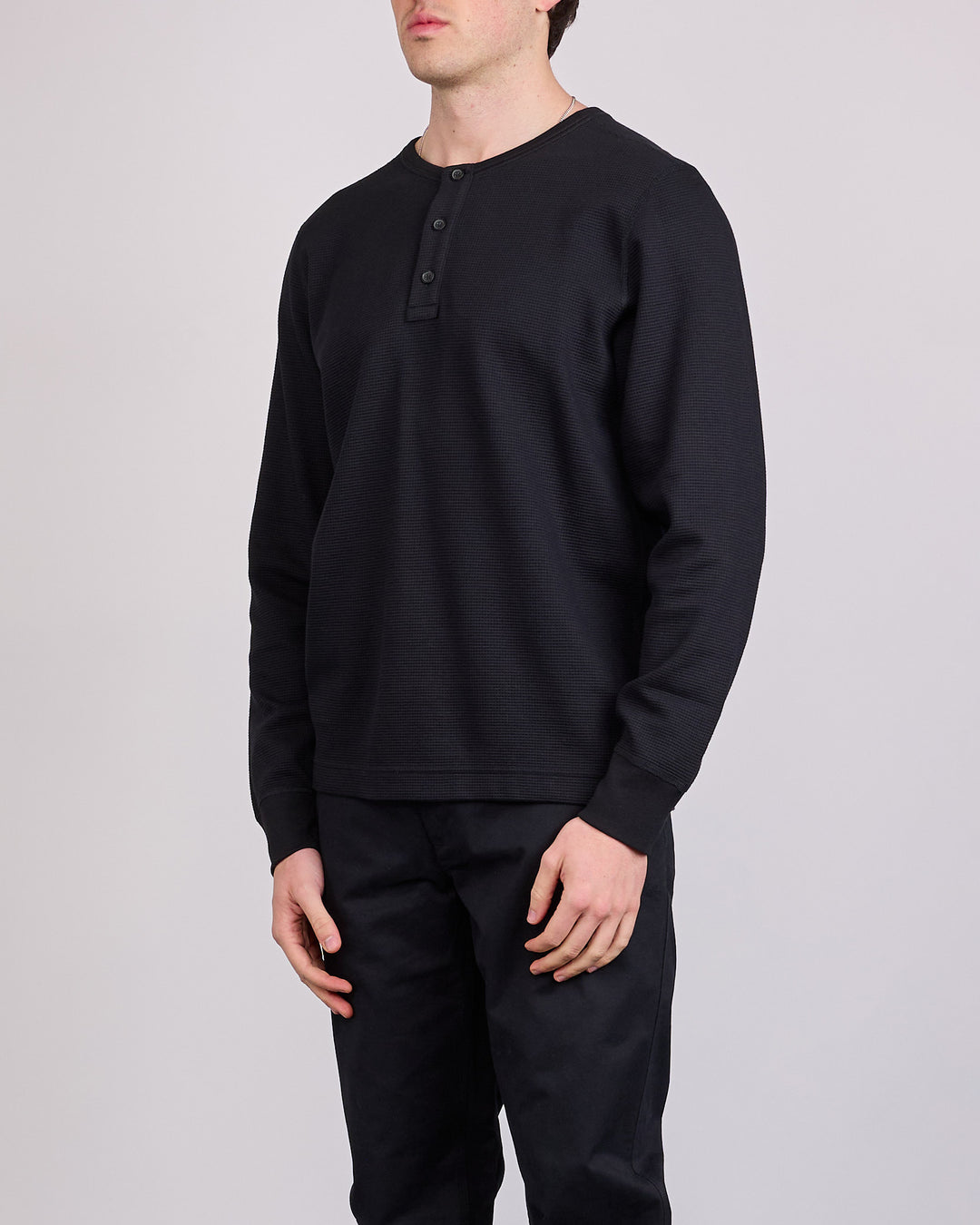 Reigning Champ Lightweight Waffle Standard Long Sleeve Henley Championship Black