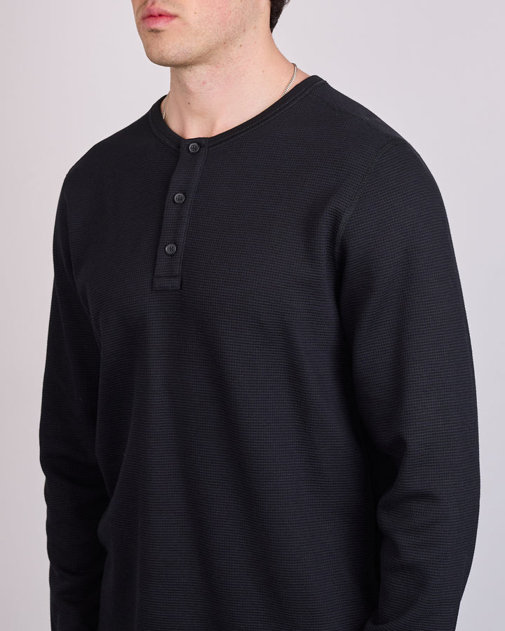 Reigning Champ Lightweight Waffle Standard Long Sleeve Henley Championship Black