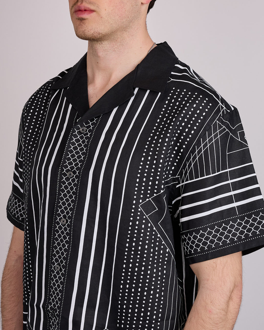 Reigning Champ Linen Arena Camp Collar Button Shirt Black-White