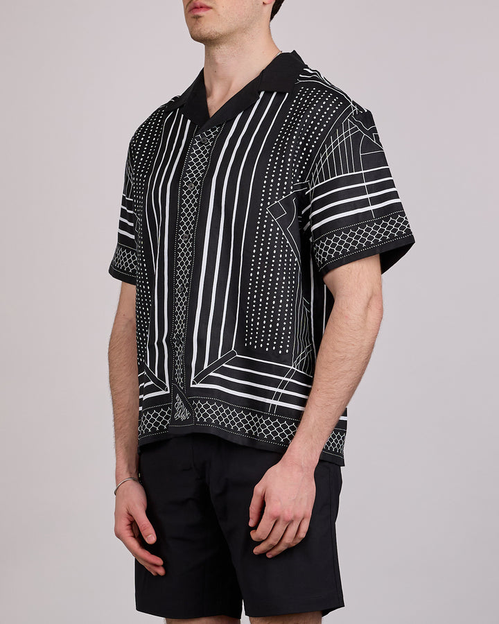 Reigning Champ Linen Arena Camp Collar Button Shirt Black-White