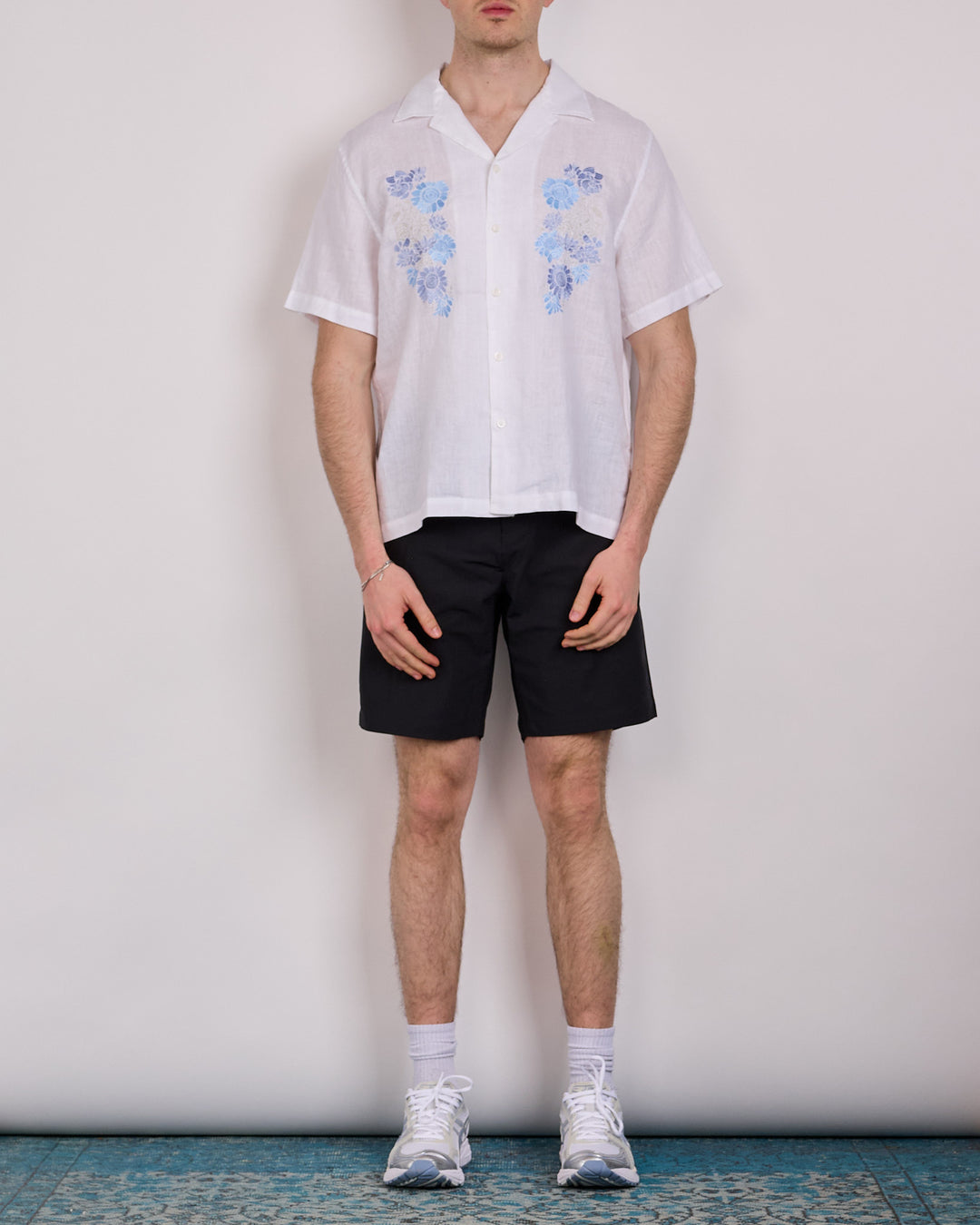 Reigning Champ Linen Floral Relaxed Camp Collar Button Shirt White Gulf