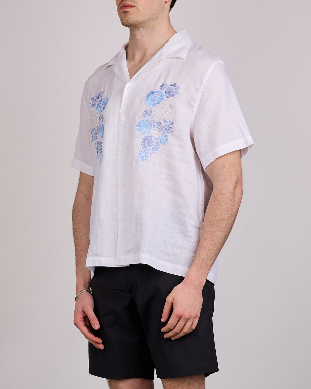 Reigning Champ Linen Floral Relaxed Camp Collar Button Shirt White Gulf