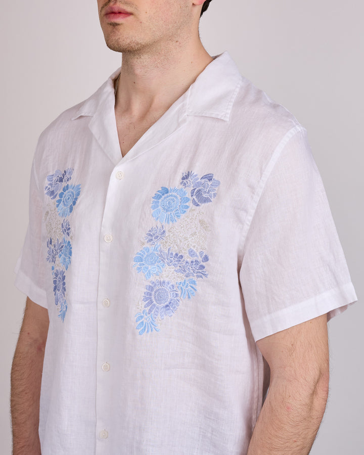 Reigning Champ Linen Floral Relaxed Camp Collar Button Shirt White Gulf