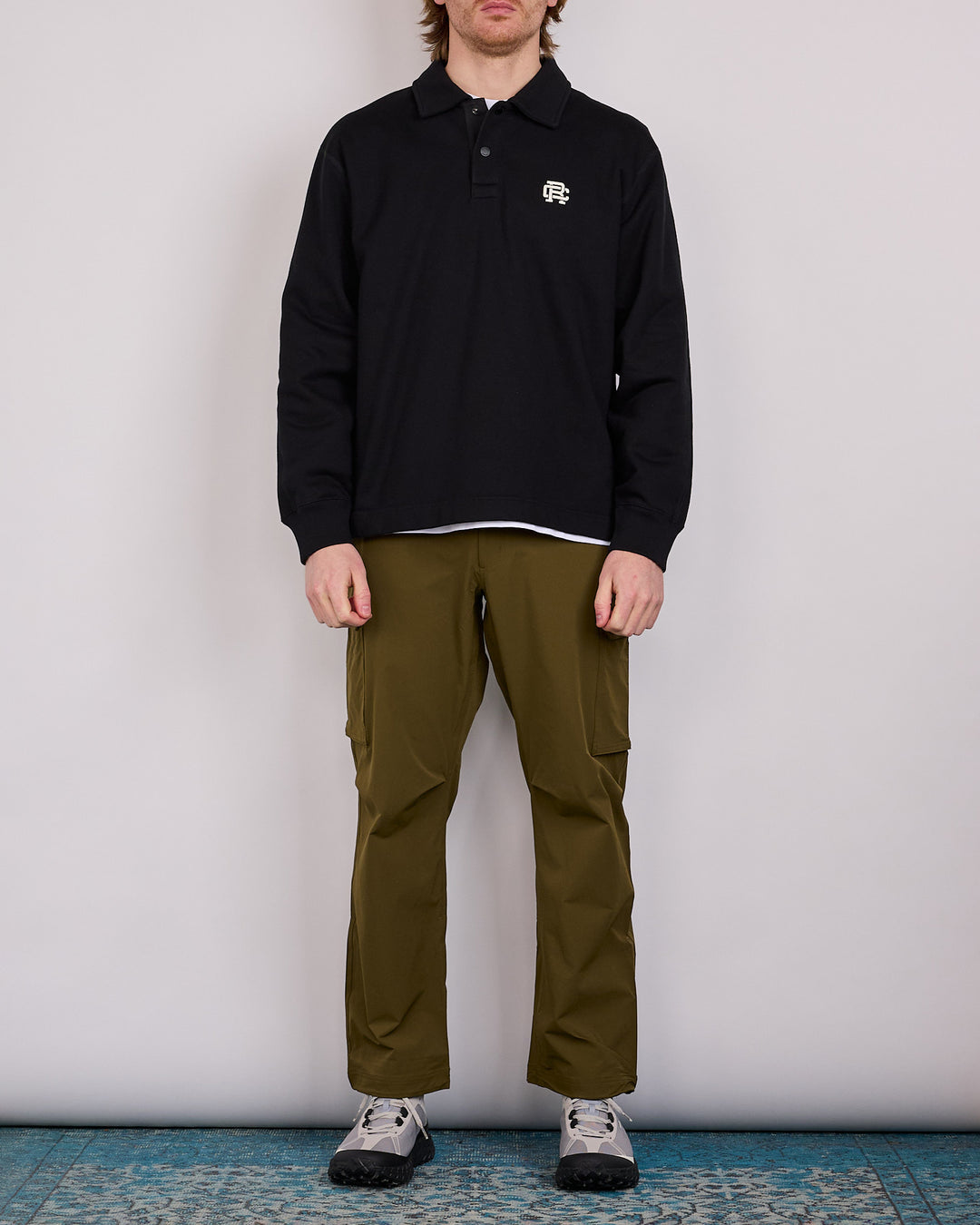 Reigning Champ Midweight Terry Monogram Rugby Shirt Black-White