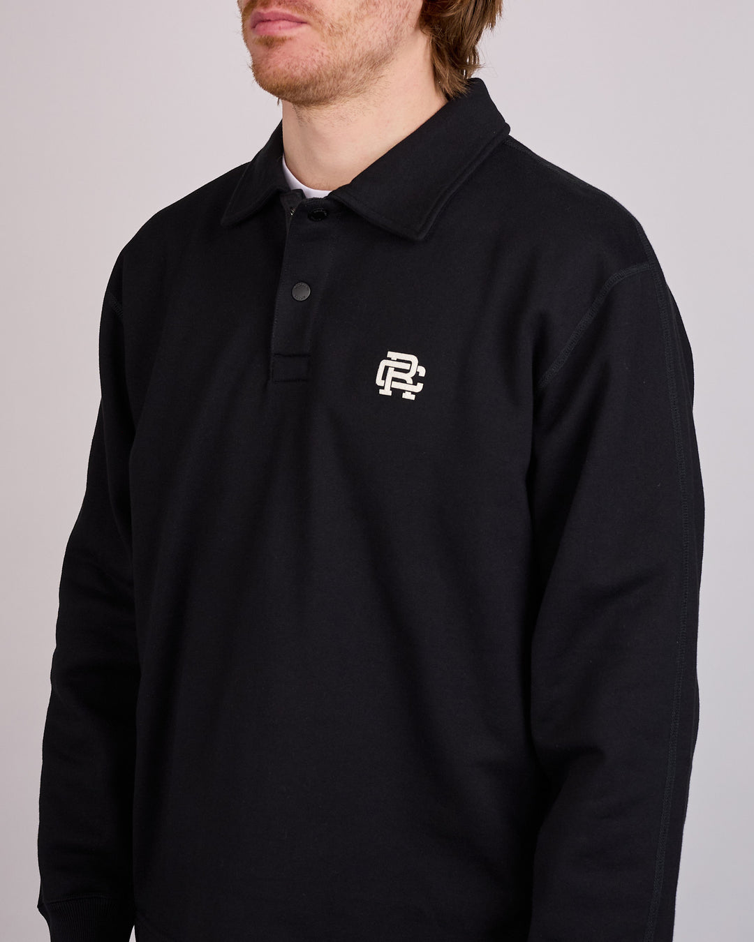 Reigning Champ Midweight Terry Monogram Rugby Shirt Black-White