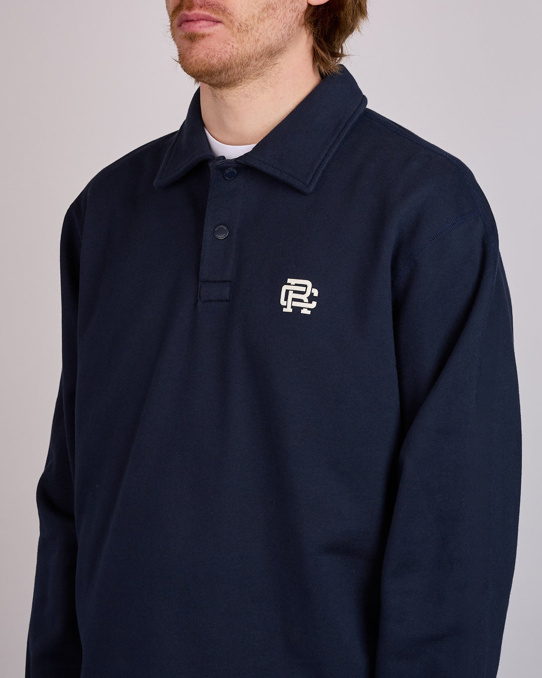 Reigning Champ Midweight Terry Monogram Rugby Shirt Navy-White