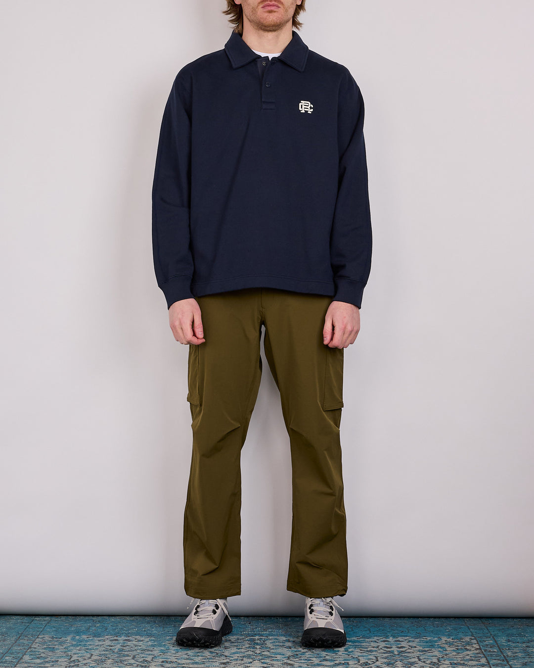 Reigning Champ Midweight Terry Monogram Rugby Shirt Navy-White