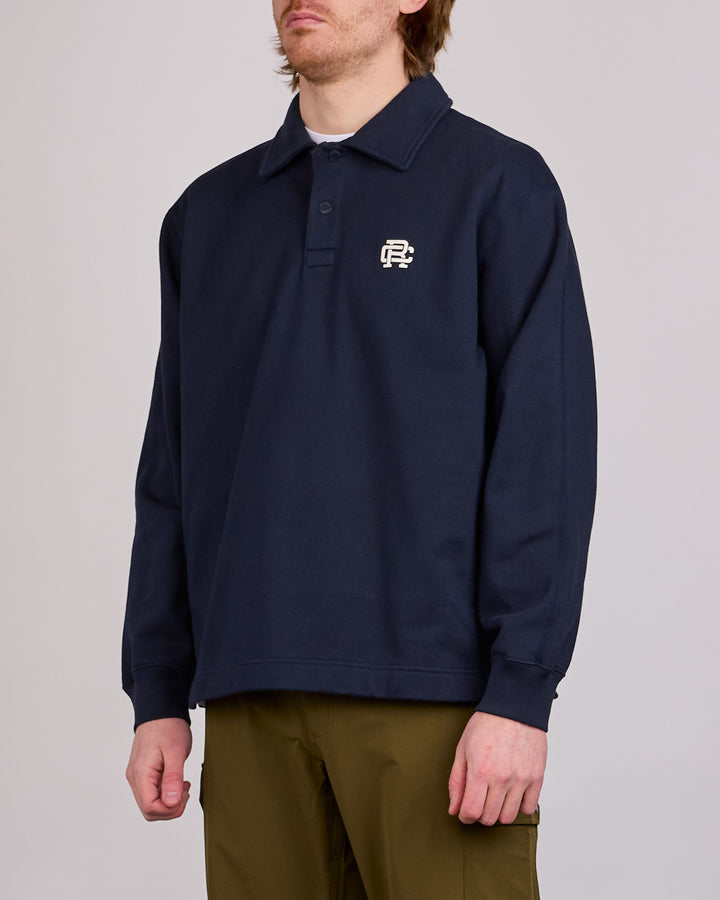 Reigning Champ Midweight Terry Monogram Rugby Shirt Navy-White