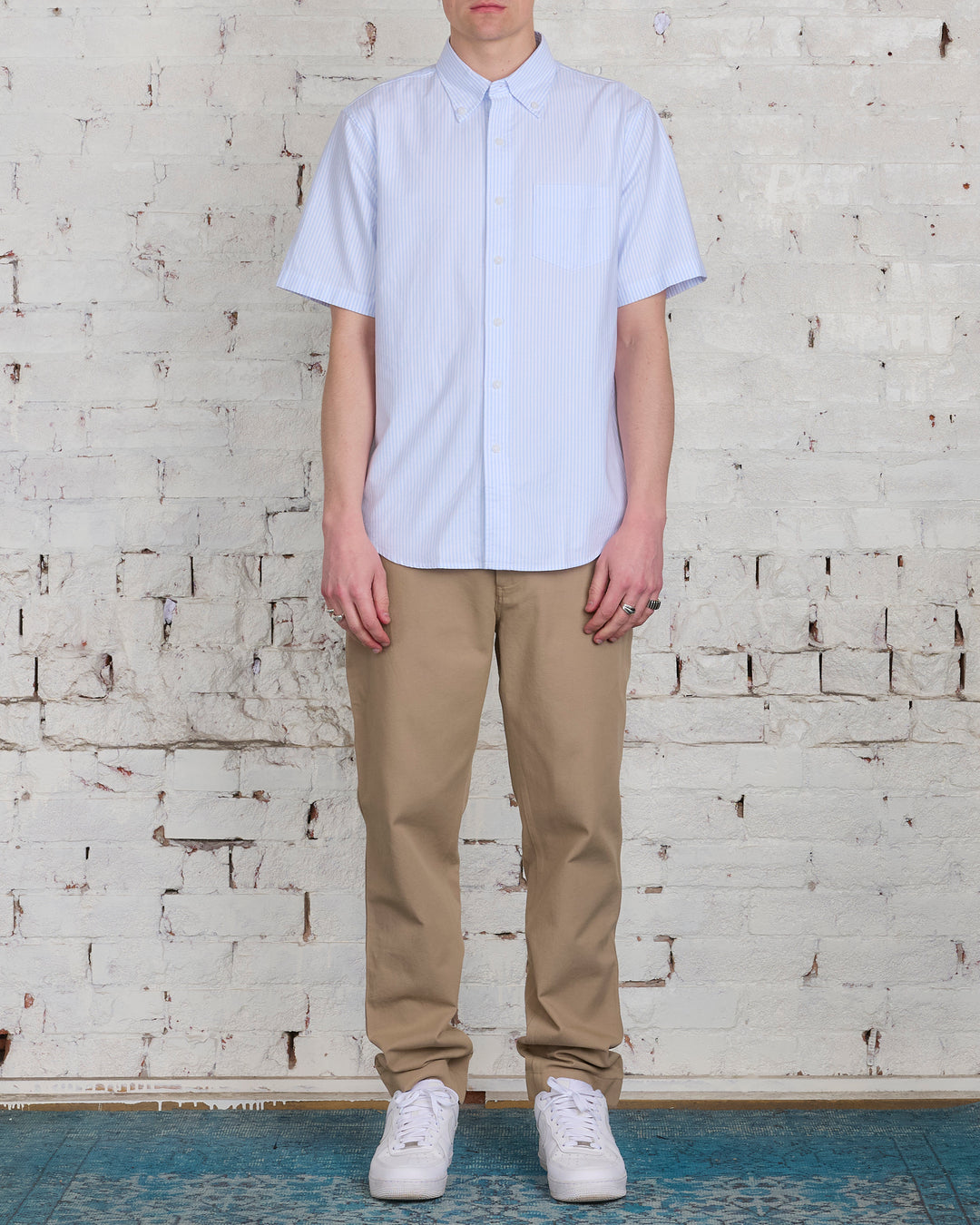 Reigning Champ Windsor Short Sleeve Oxford Button Shirt White Blue