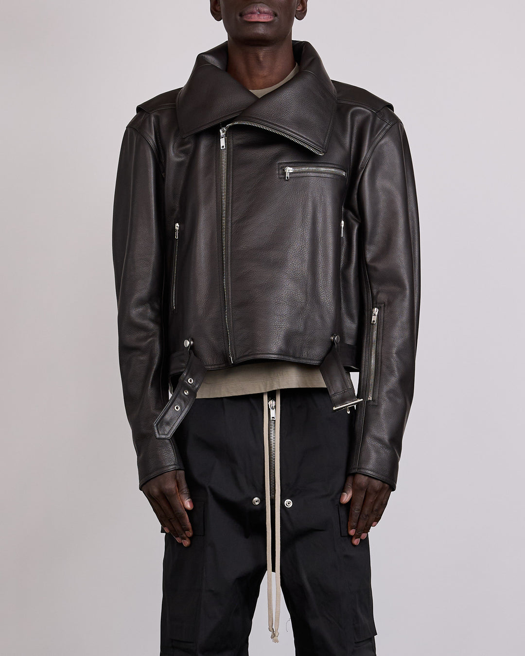 Rick Owens Biker Jumbo Stooges Leather Jacket Grainy Cow Black