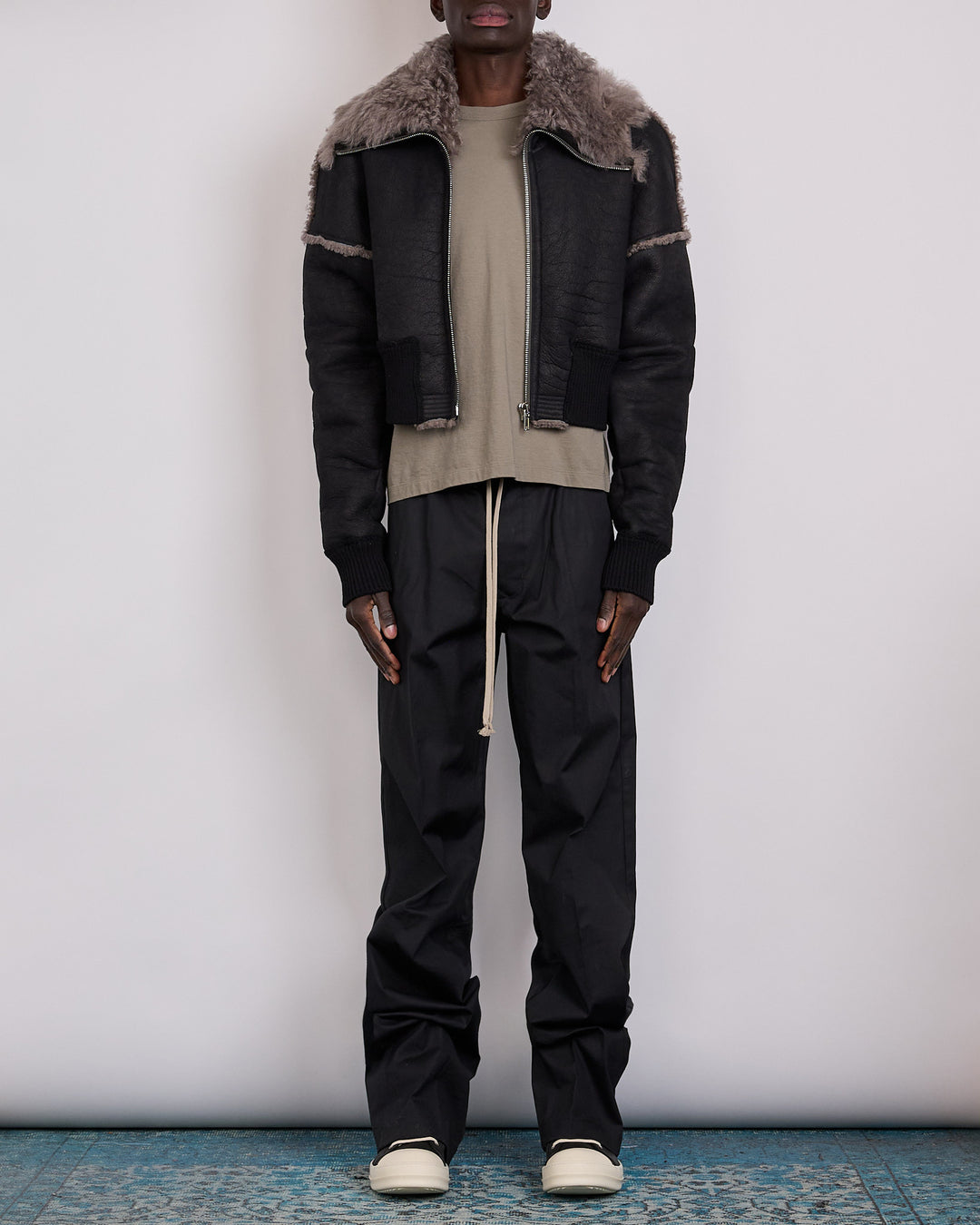 Rick Owens Bomber Flight Cropped Jacket Shearling Black Dust
