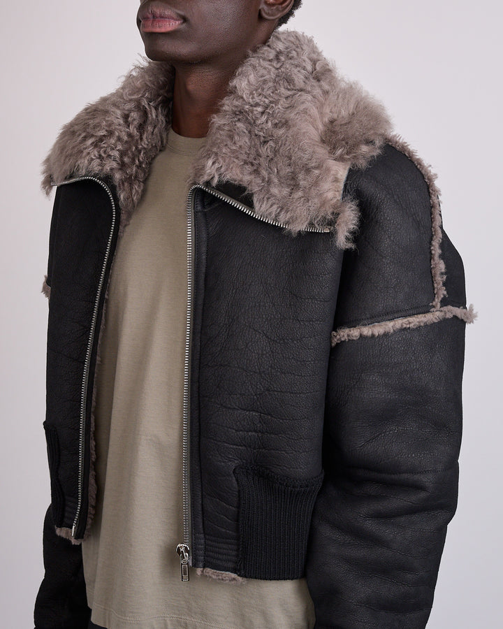Rick Owens Bomber Flight Cropped Jacket Shearling Black Dust