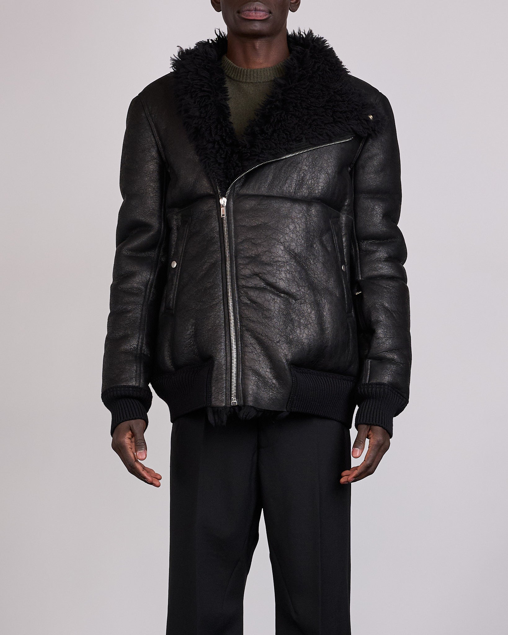 Rick Owens Hollywood Flight Shearling Jacket Black – LESS 17