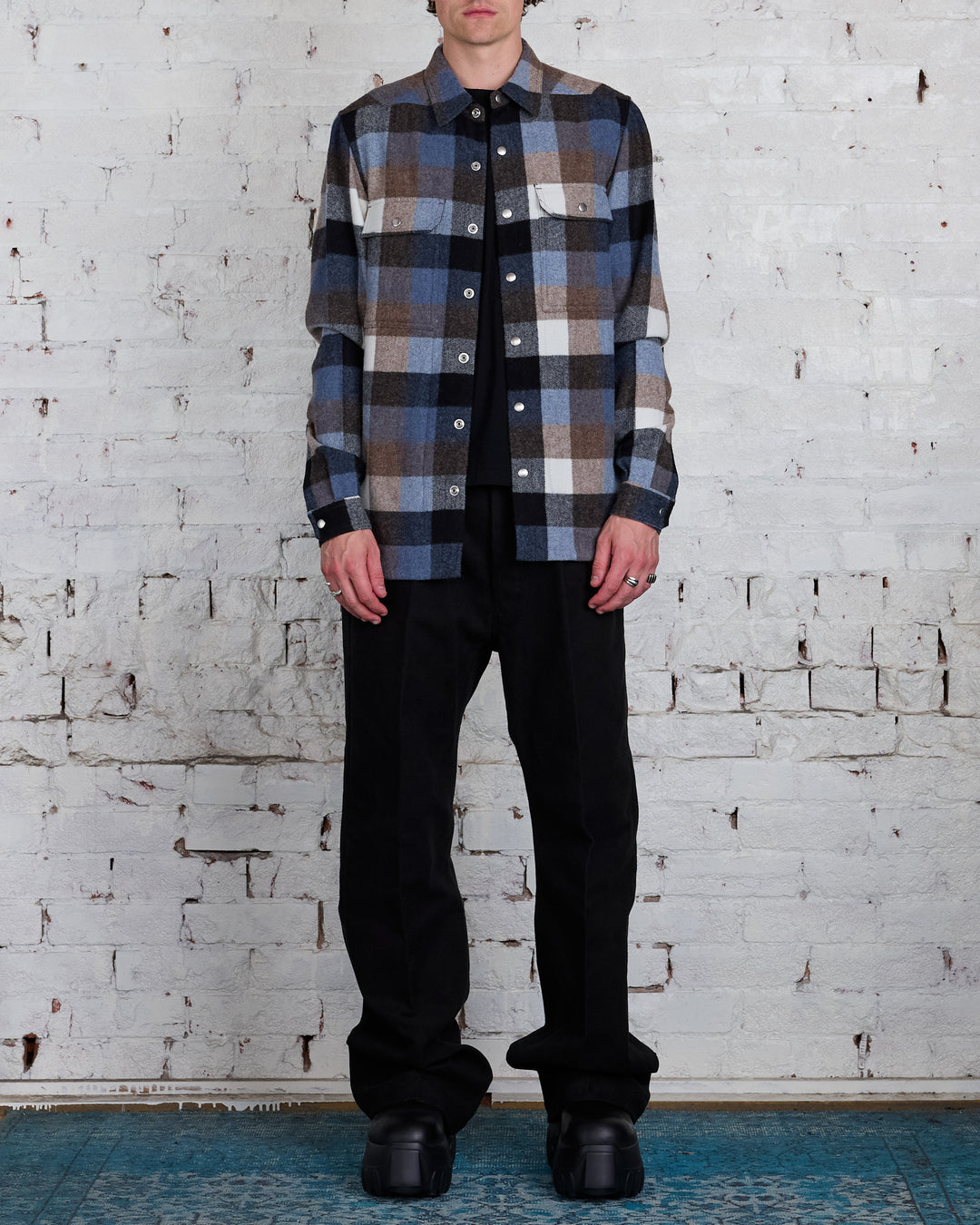 Rick Owens Outershirt Lodenette Wool Pale Blue Plaid