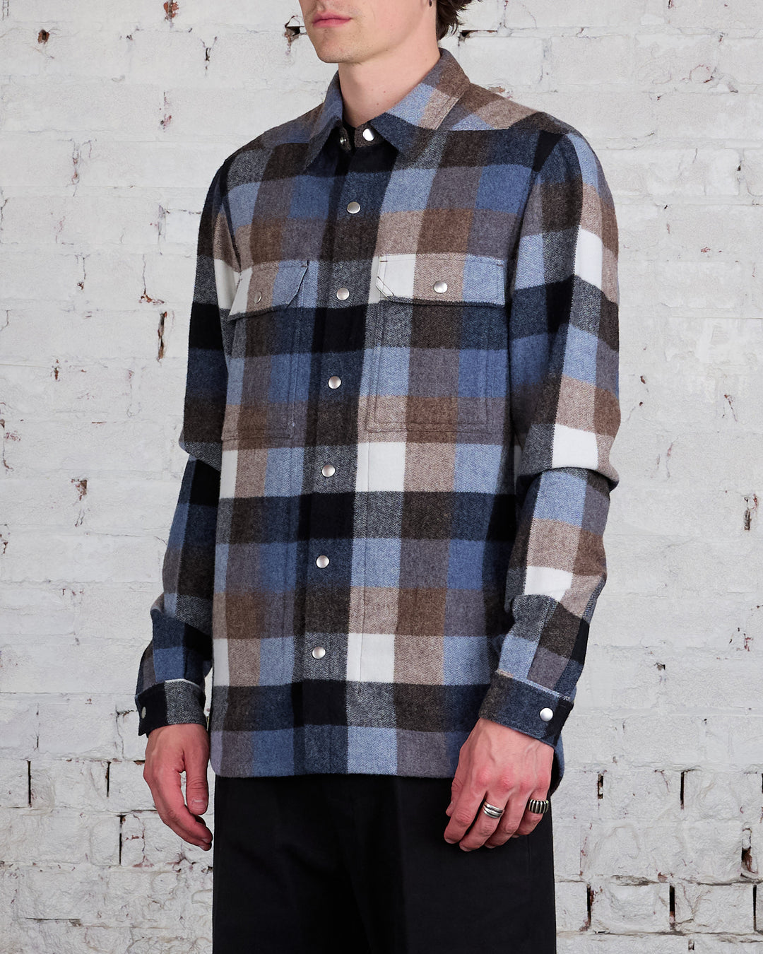 Rick Owens Outershirt Lodenette Wool Pale Blue Plaid