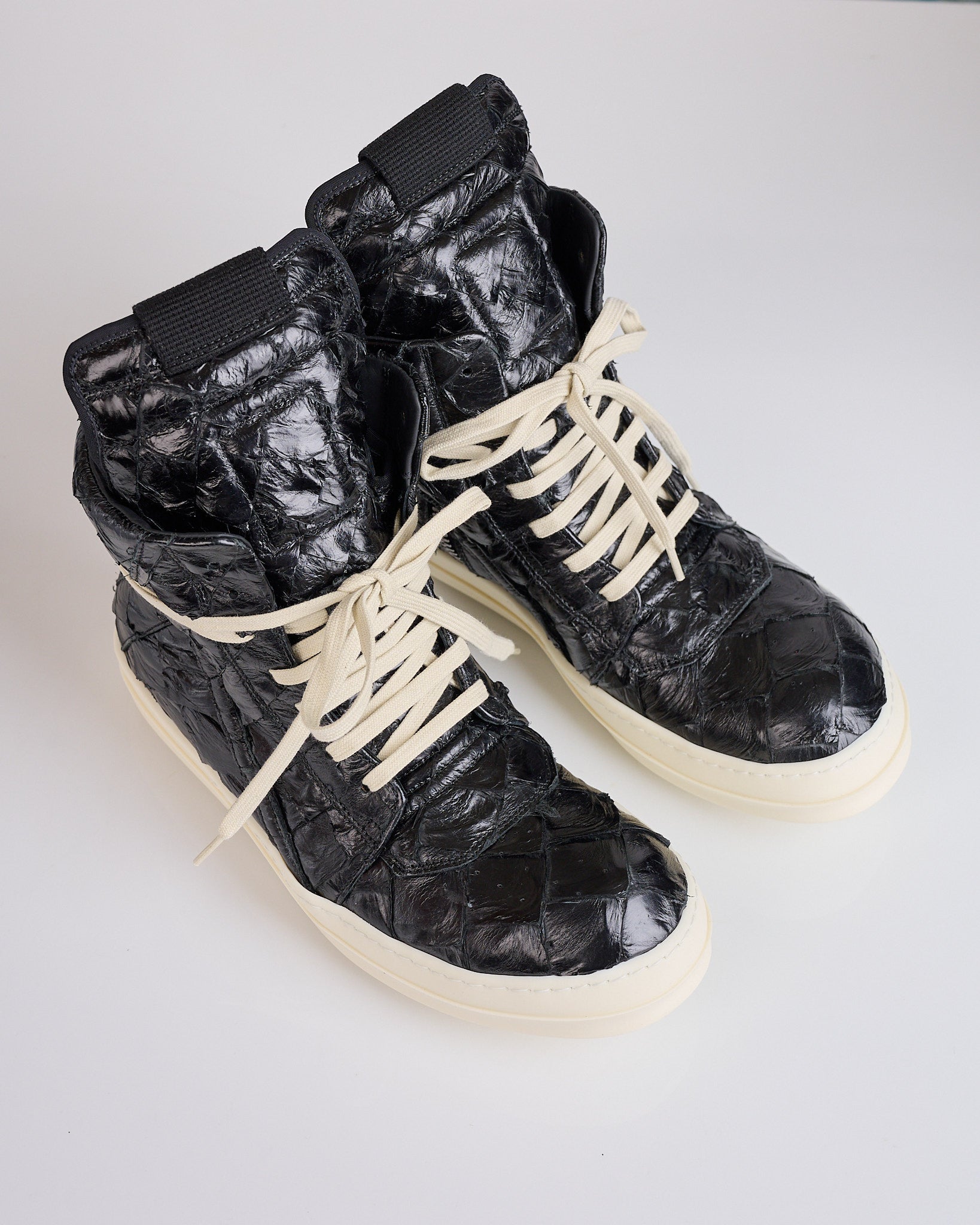靴 rick owens pirarucu geobasket 16FW Rick Owens Runway Pirarucu Geobasket Black Black Milk – LESS 17
