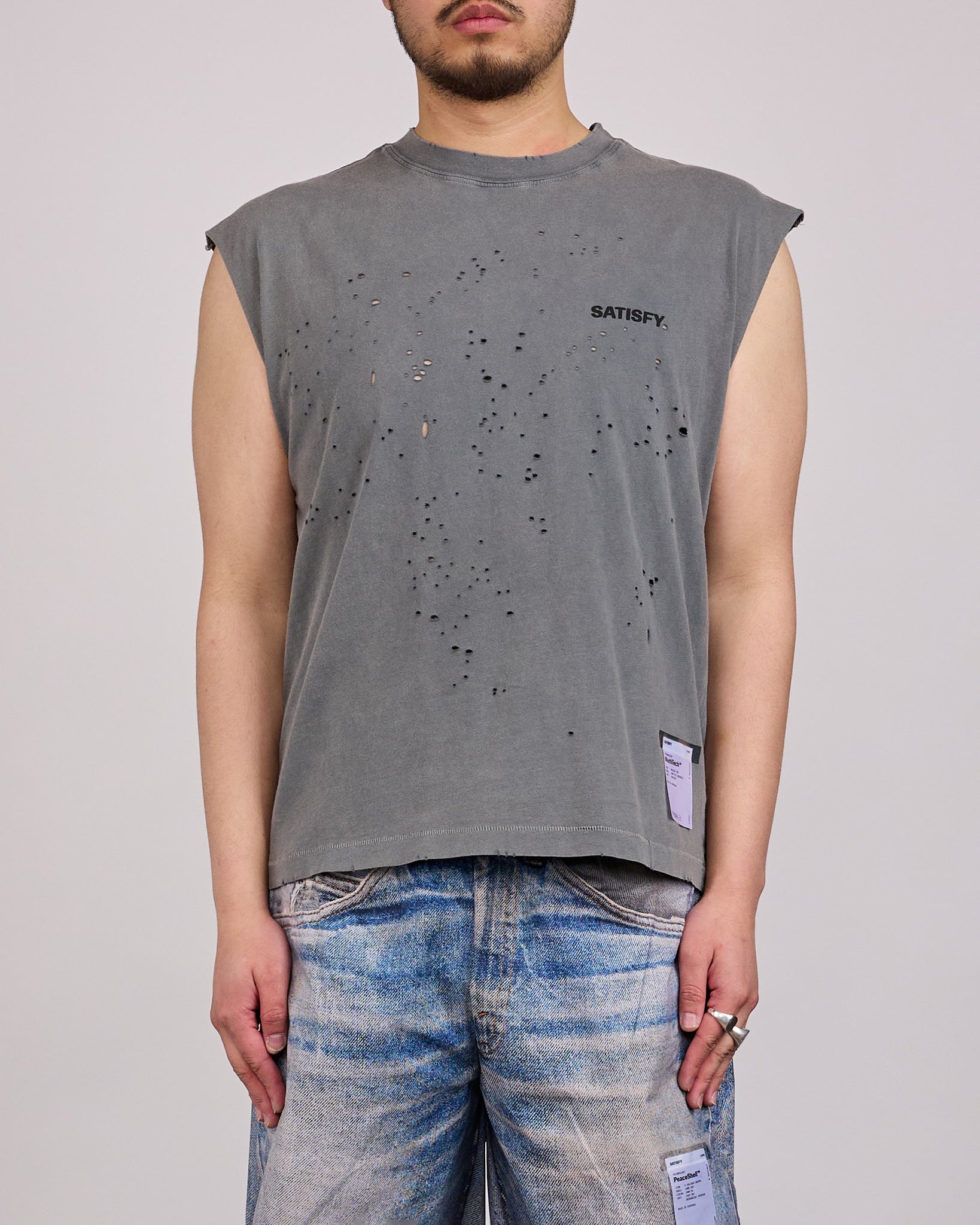 SATISFY MothTech Muscle Sleeveless Logo T-Shirt Faded Black – LESS 17