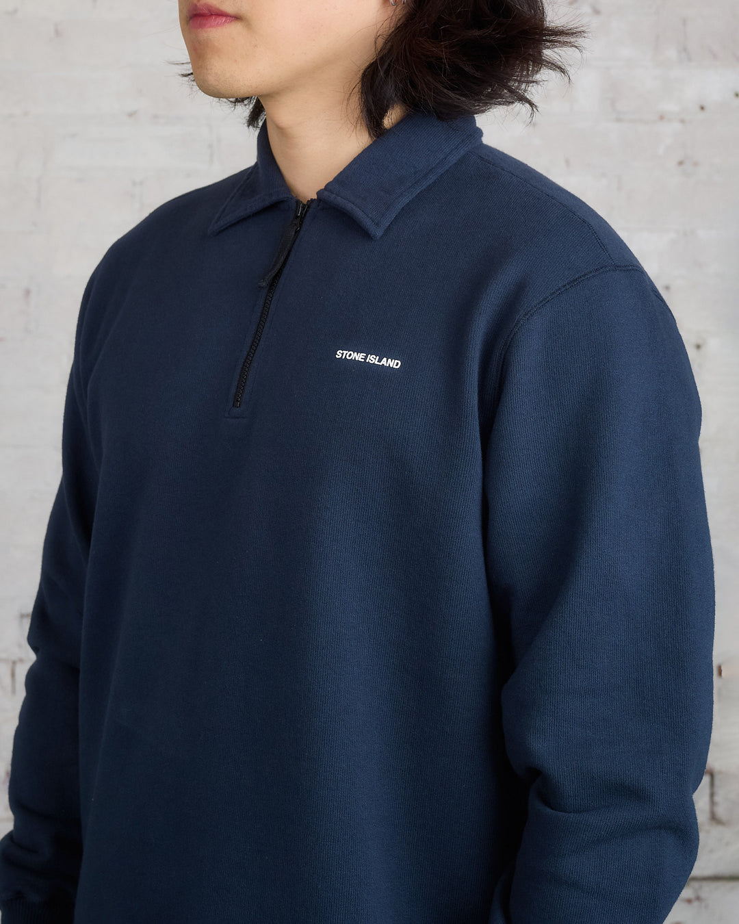 Stone Island Collar 1/4 Zip Wordmark Sweatshirt Navy Blue