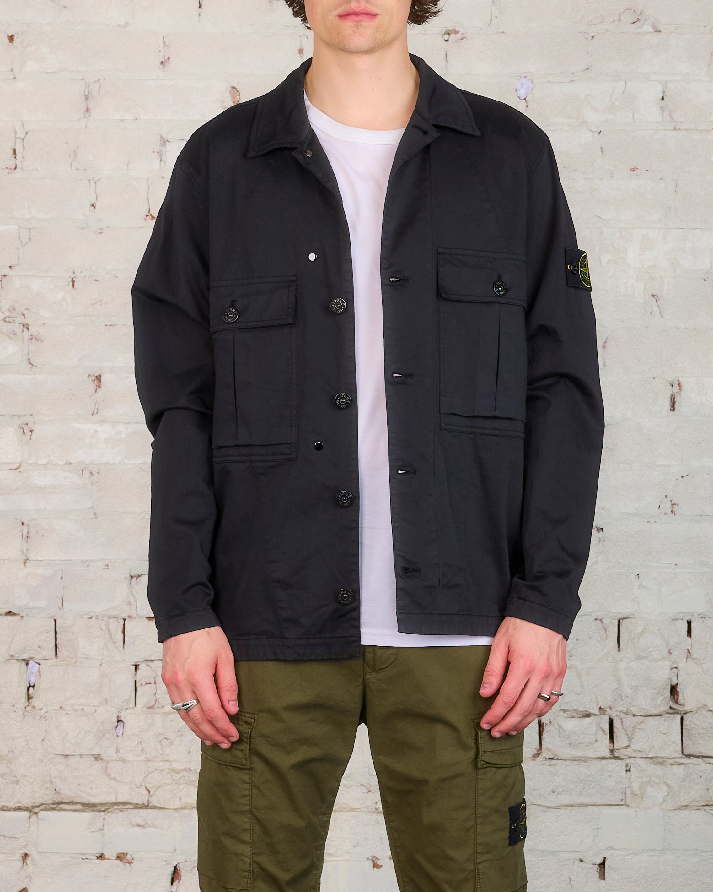 Stone Island Cotton-Wool Stretch Button Overshirt Black