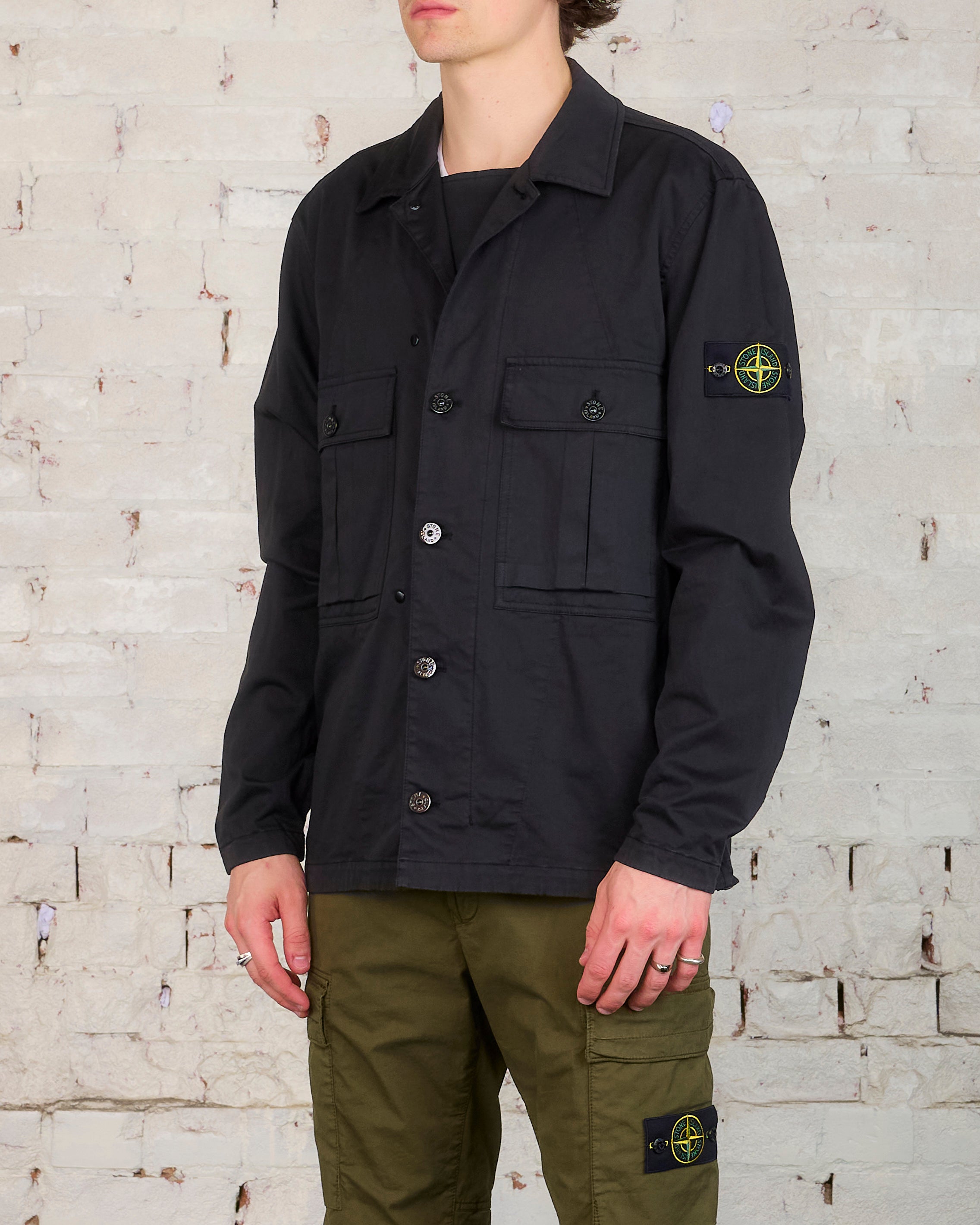 Stone Island Cotton-Wool Stretch Button Overshirt Black