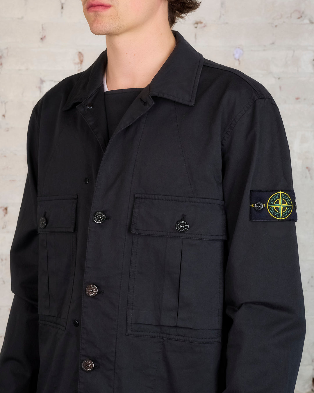 Stone Island Cotton-Wool Stretch Button Overshirt Black