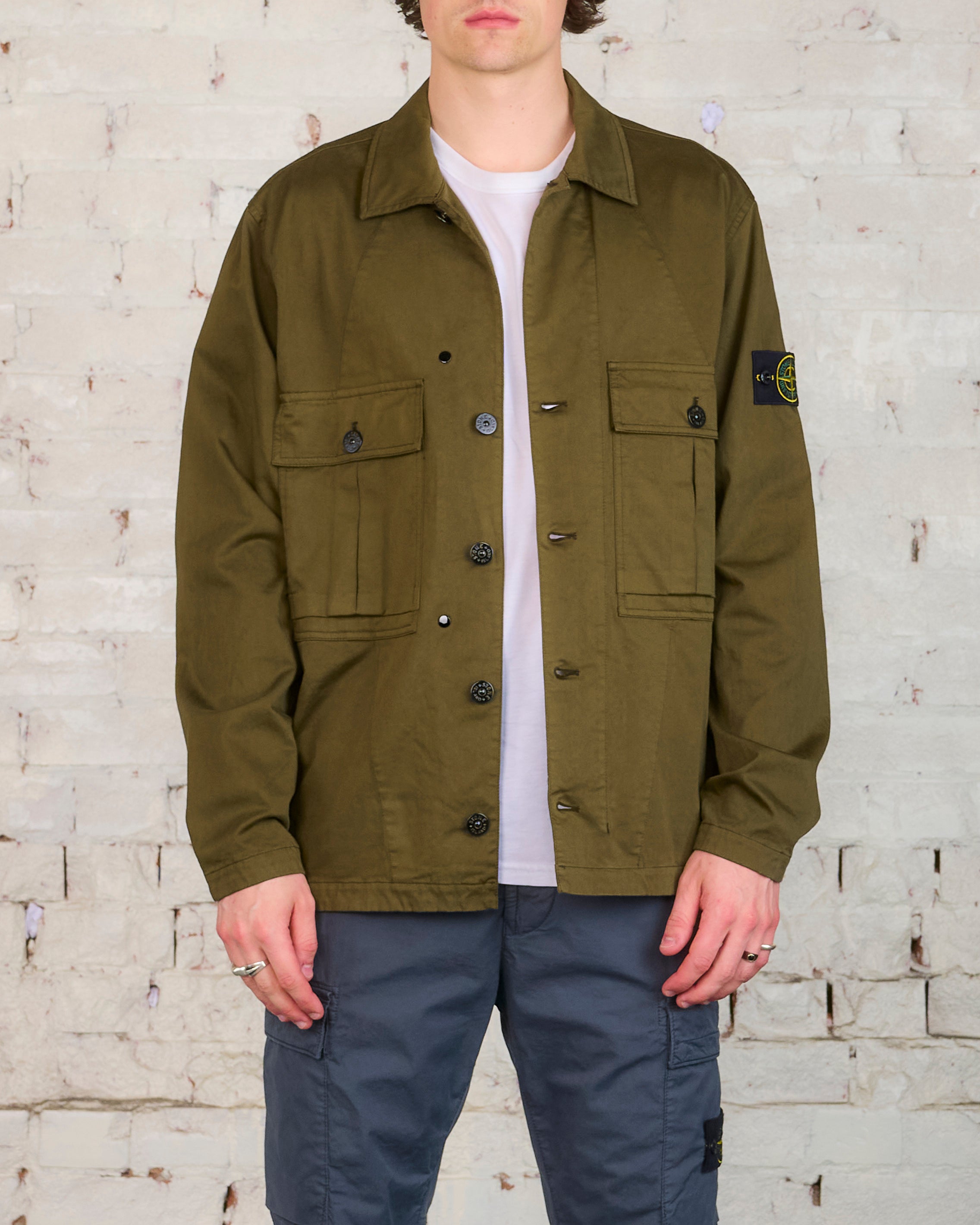 Stone Island Cotton-Wool Stretch Button Overshirt Olive – LESS 17