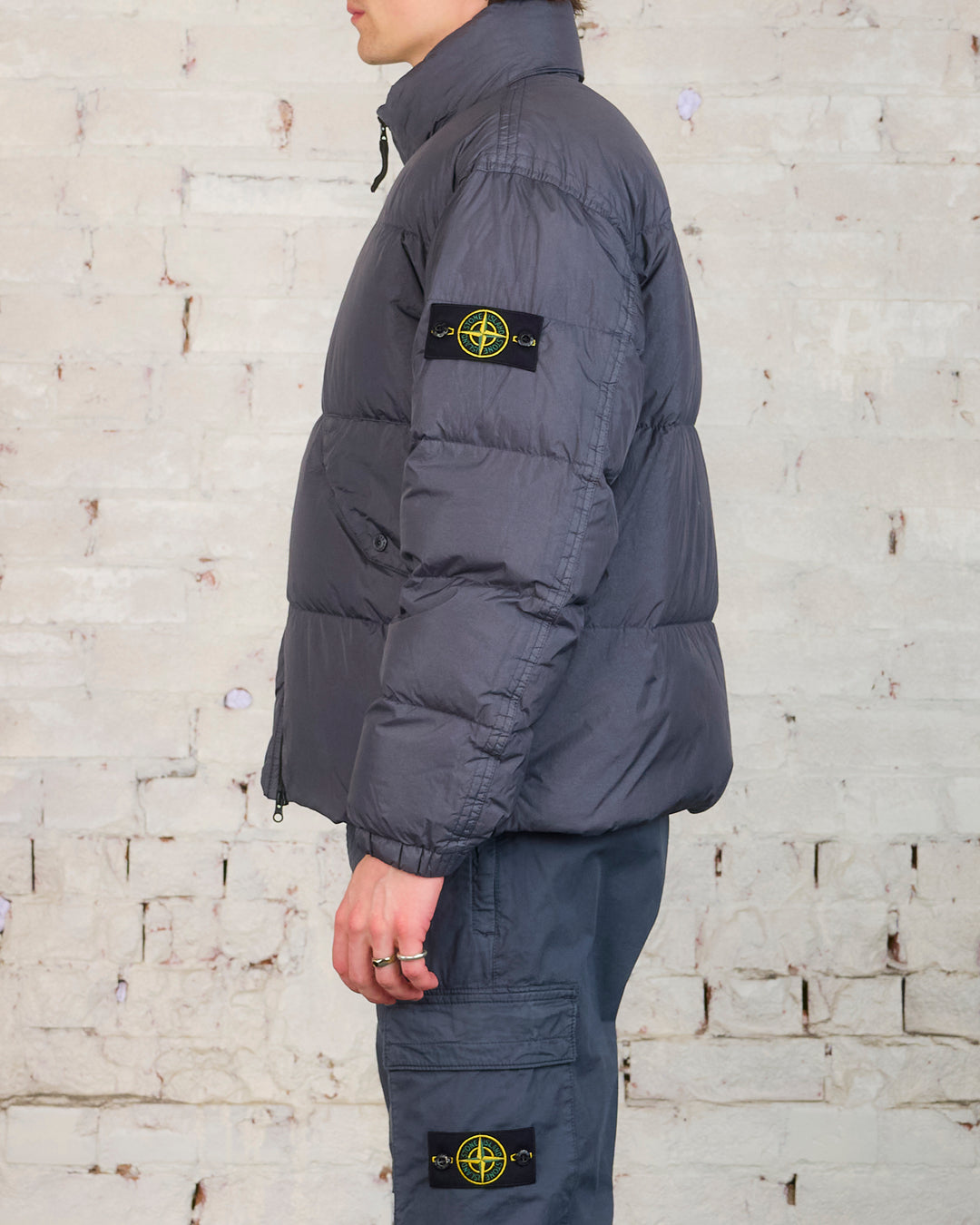Stone Island Recycled Crinkle Stand Collar Down Jacket Lead Grey
