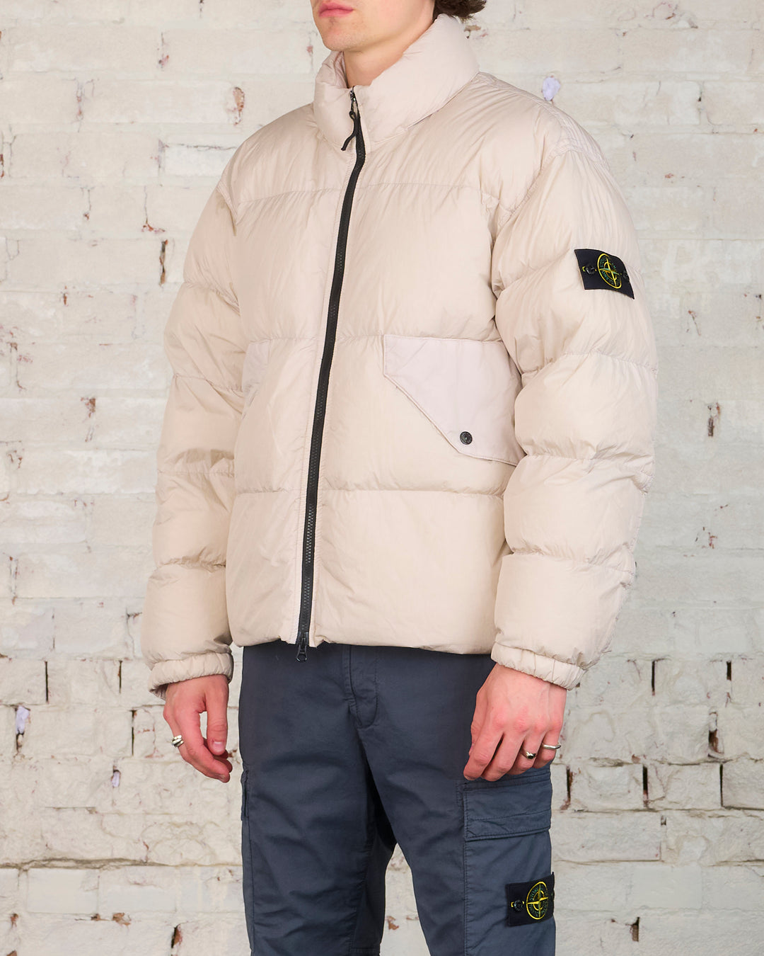 Stone Island Recycled Crinkle Stand Collar Down Jacket Plaster