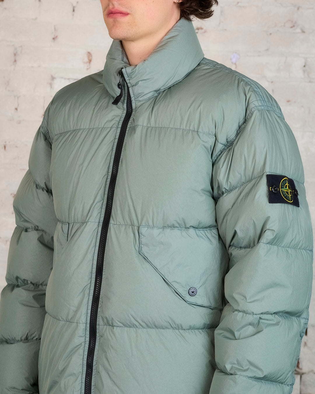Stone Island Recycled Crinkle Stand Collar Down Jacket Sage
