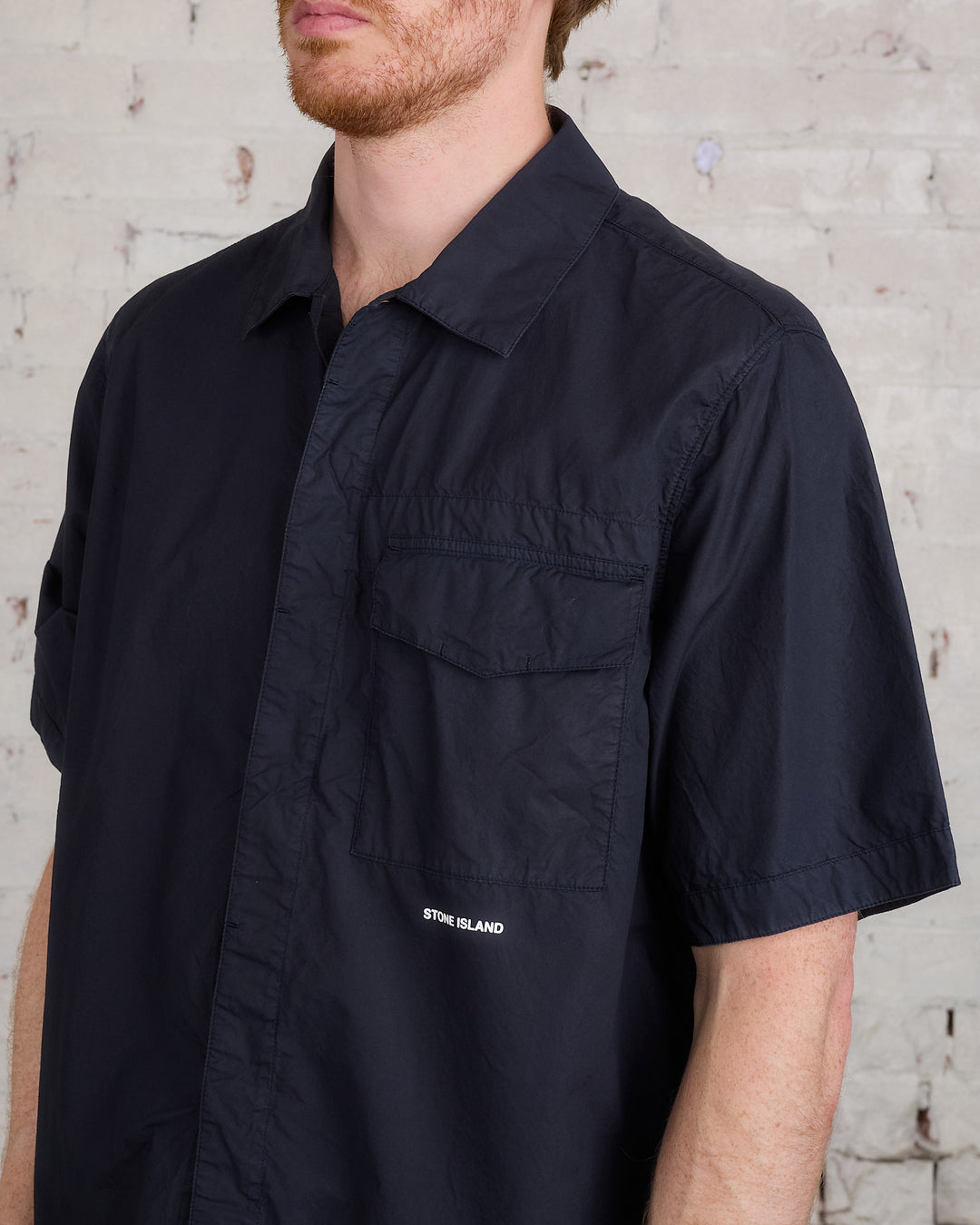 Stone Island Short Sleeve Wordmark Overshirt Navy Blue