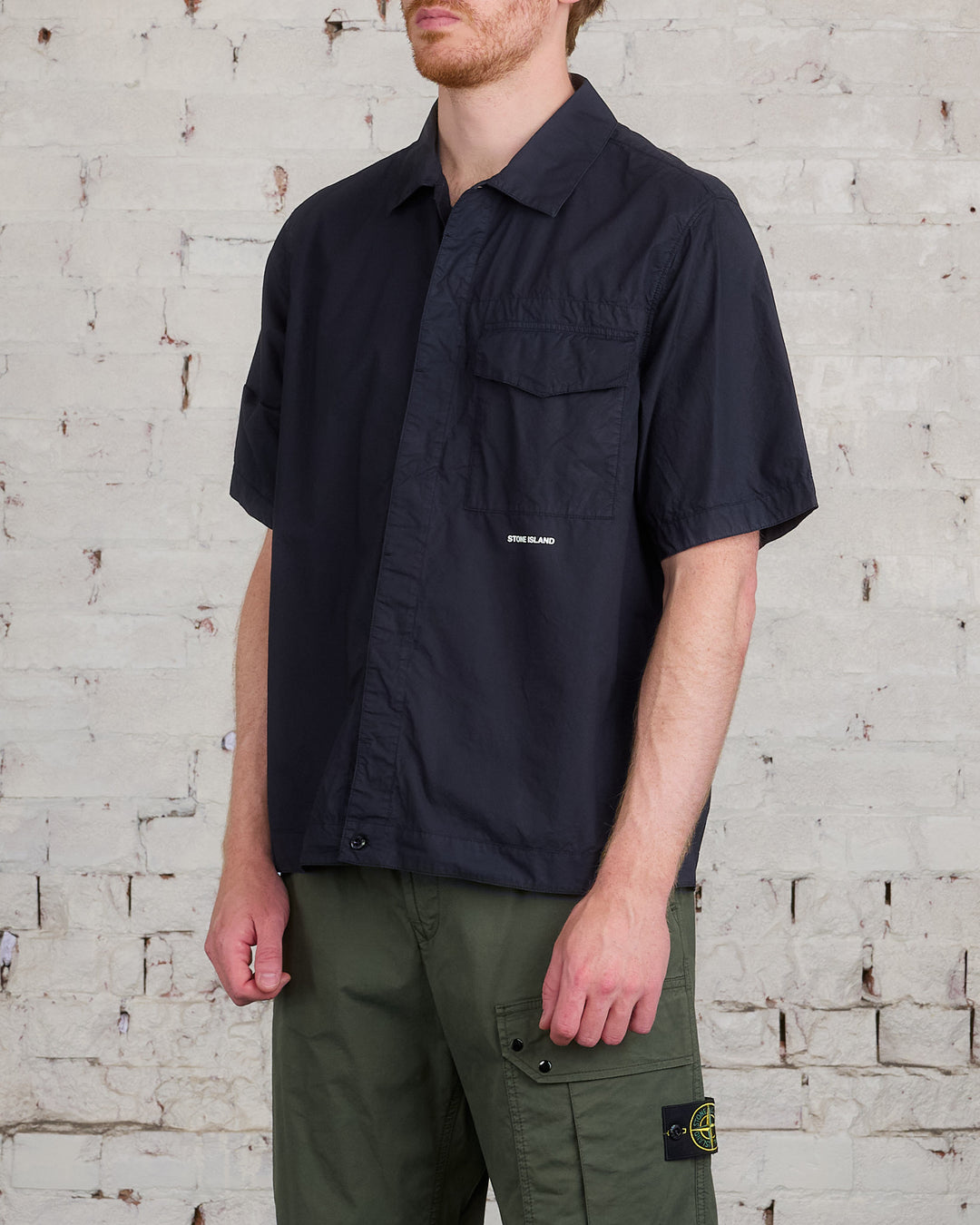 Stone Island Short Sleeve Wordmark Overshirt Navy Blue