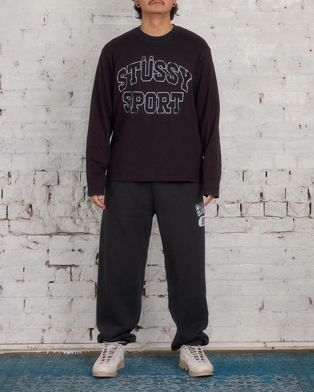 Stussy 2-Tone Cotton Mesh LS Crewneck Black