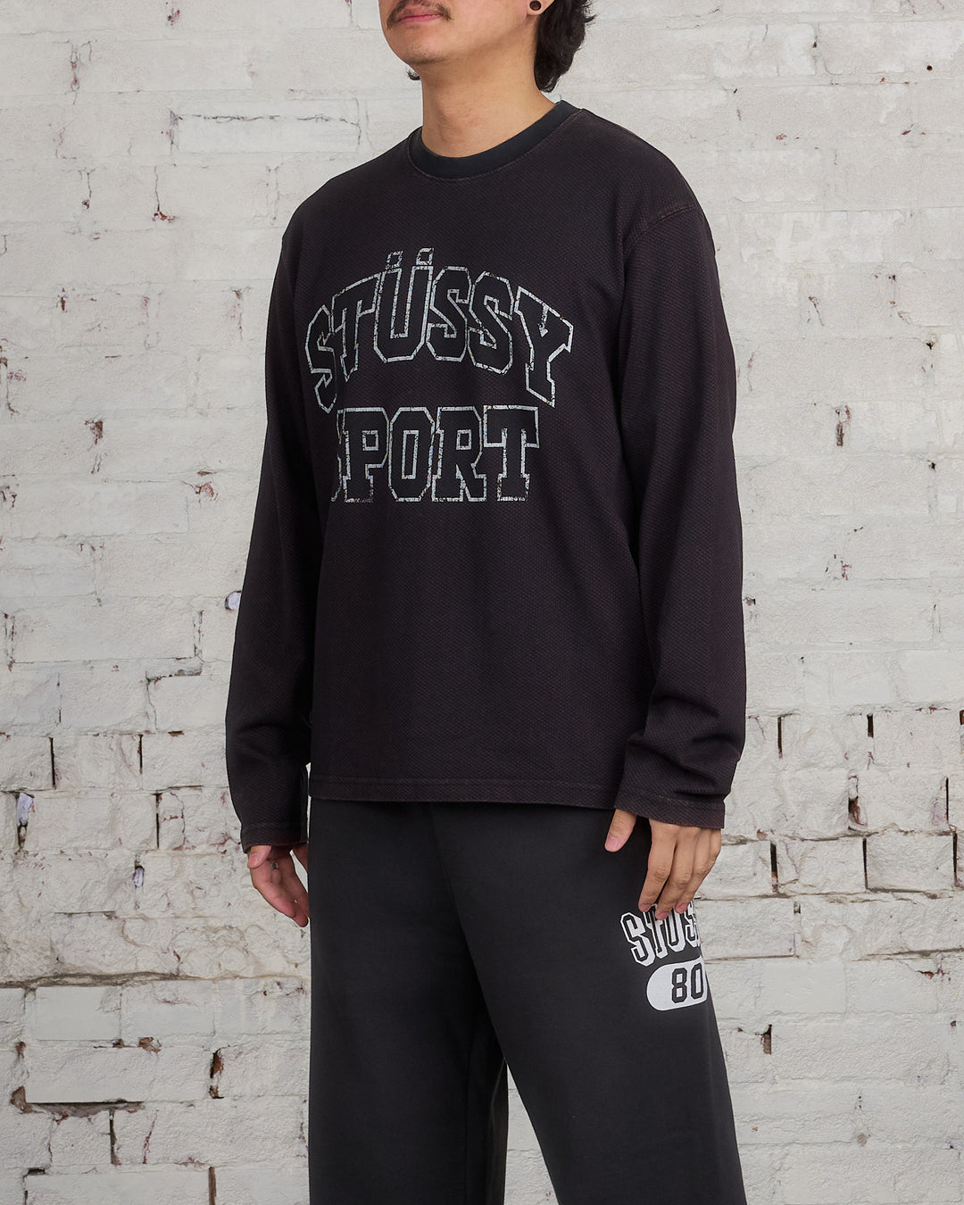 Stussy 2-Tone Cotton Mesh LS Crewneck Black