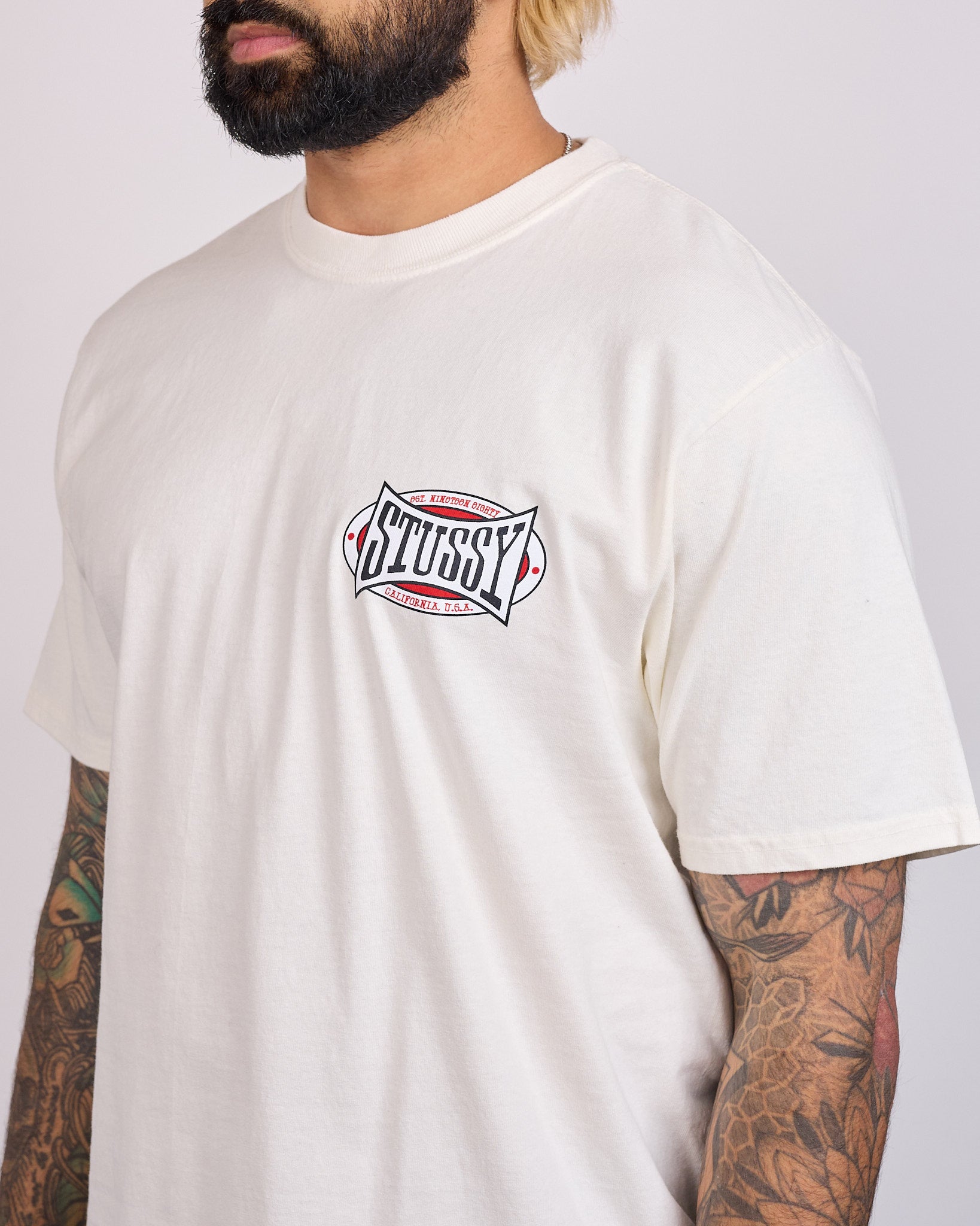 Stussy Champion Oval Pigment Dyed T-Shirt Natural – LESS 17