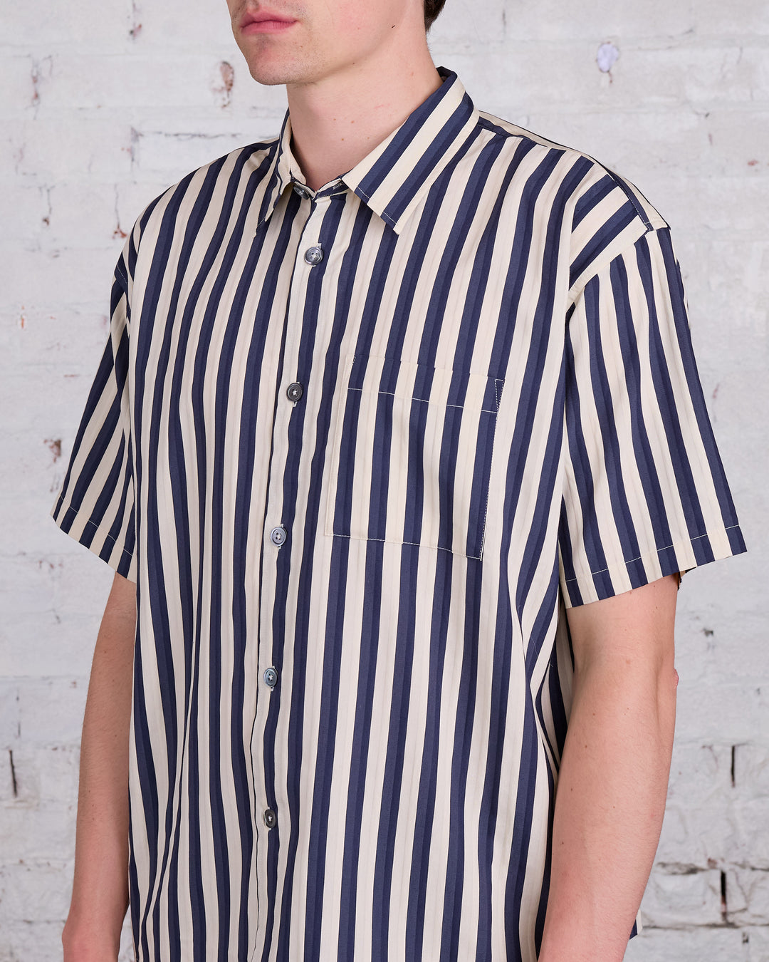 Stussy Flat Bottom Striped SS Button Shirt Navy