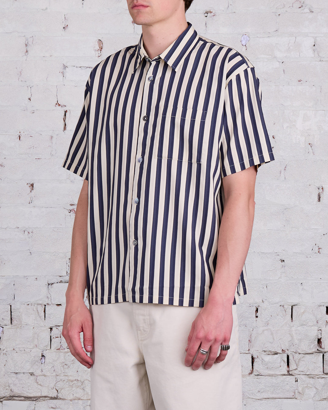 Stussy Flat Bottom Striped SS Button Shirt Navy