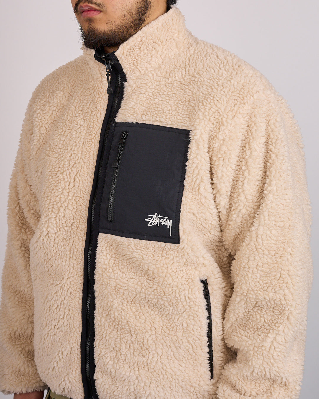 Stussy Sherpa Stand Collar Reversible Jacket Beige